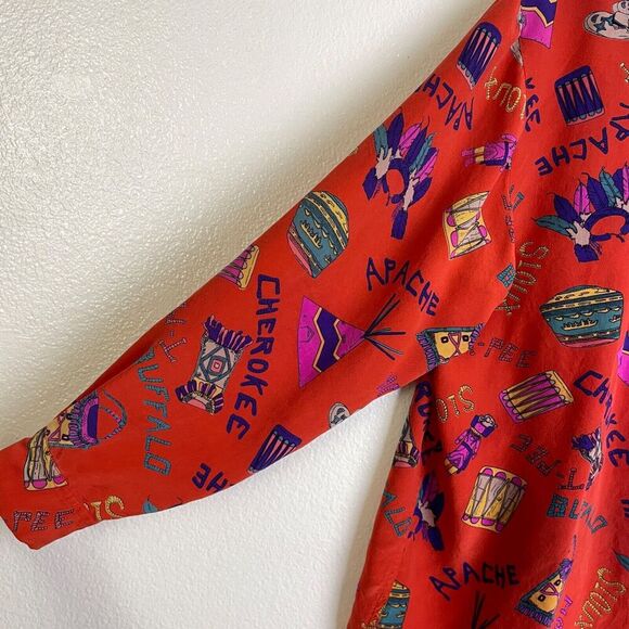 Womens Long Sleeve Silk Shirt Large Red Button Up Tribes Native American Sioux - Picture 8 of 11
